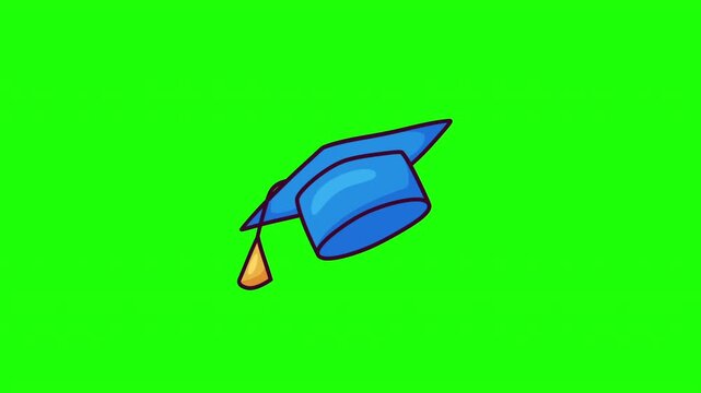 Animated graduation cap icon floating, education achievement symbol, flat doodle style, green screen and white background, video