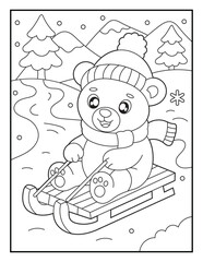 Fototapeta premium Teddy Bear Riding a Wooden Sled Coloring Page for Kids. Simple Black and White Illustration for Children. Christmas Line Art 