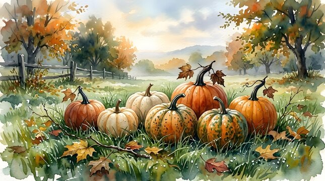 Fresh Pumpkins Resting in a Rural Farm Field During a Golden Autumn Sunset