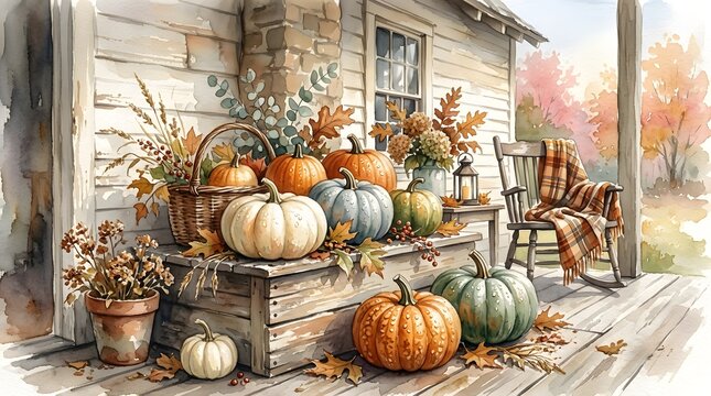 Decorative Pumpkins Arranged on a Rustic Porch in an Autumnal Setting