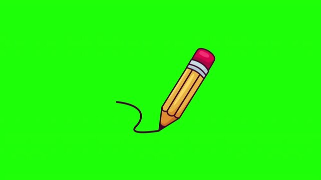 Animated pencil icon writing motion with squiggly line, education and editing symbol, flat doodle style, green screen and white background