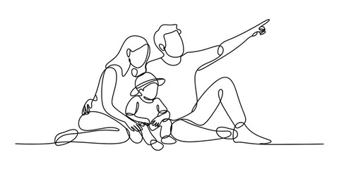 Happy family with father mother and little child sitting together and pointing finger in one continuous line drawing Vector, illustration © Nippon_Art Gallery