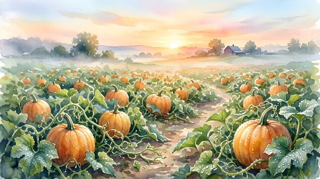 Growing pumpkins in a rural farm field during a golden sunrise landscape