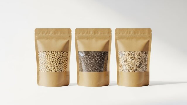 Three brown paper pouches filled with healthy raw grains and seeds for natural organic food storage and retail packaging