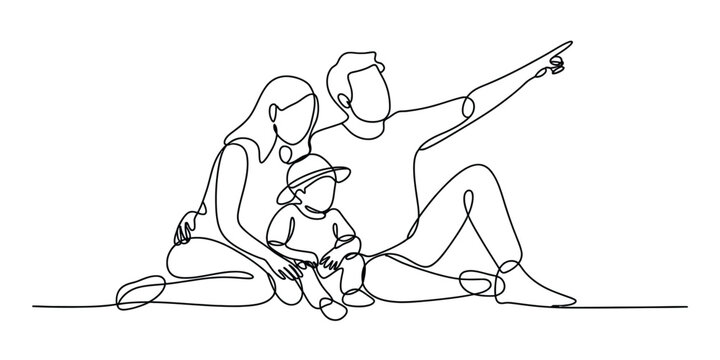 Happy family with father mother and little child sitting together and pointing finger in one continuous line drawing Vector, illustration