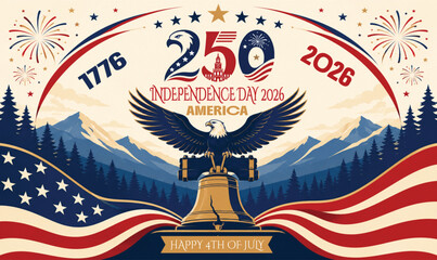 Vintage America 250th Anniversary Independence Day 2026 poster, patriotic eagle and liberty bell vector, semiquincentennial celebration banner © Allah k hwaly