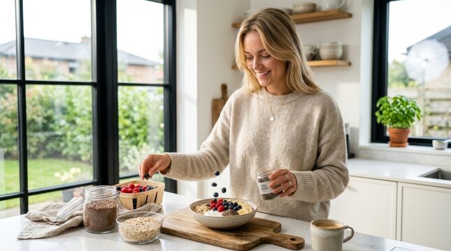 Woman preparing healthy breakfast indoors.
