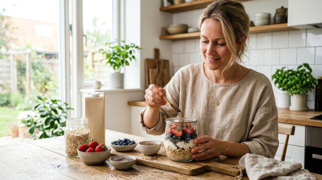 Woman preparing healthy breakfast at home.