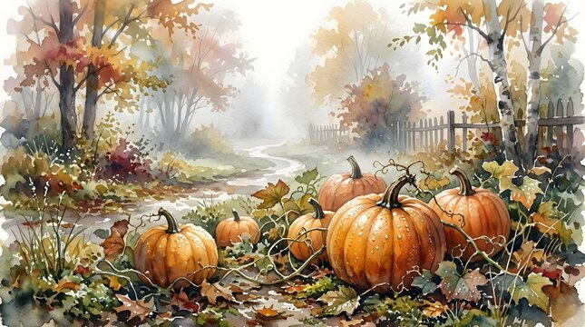 Orange pumpkins resting on a path in a misty autumn forest landscape scene