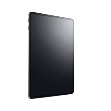Modern sleek silver tablet with black screen and minimalistic design on white background