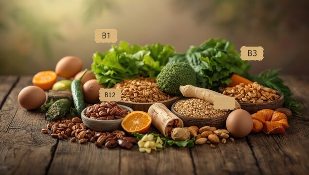B vitamin-rich foods. Focused selection. Cuisine.