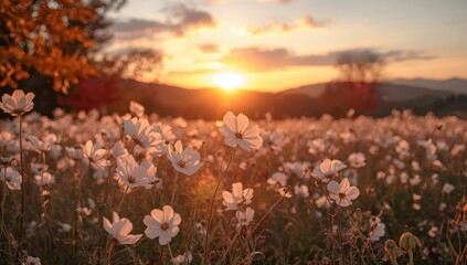 Naklejka premium Backlit white cosmos flower at sunset in a Korean autumn landscape.