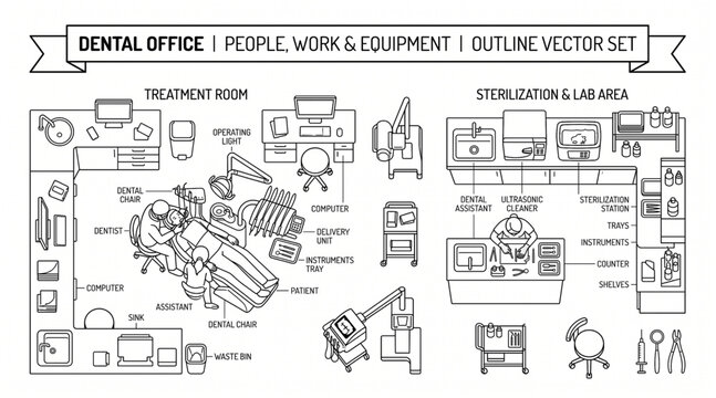 people working and items in dental office outline vector elements set