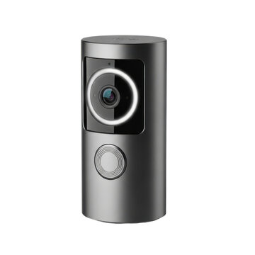 Modern sleek black cylindrical smart camera with circular lens and button design against white background