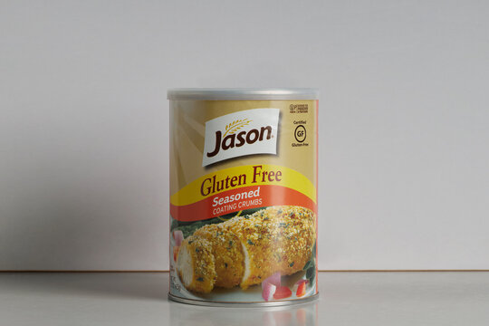 Jason brand gluten free seasoned coating crumbs on a white background with copy space