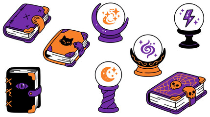 Fototapeta premium Whimsical witchy crystal ball and spellbook illustrations