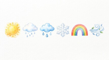 Naklejka premium Watercolor weather icons, a charming collection of hand-painted climate symbols, perfect for forecasting and environmental design.