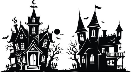 Fototapeta premium Haunted House Silhouette Illustration with Spooky Trees and Bats for Halloween Design