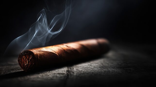 Lit aromatic cigar resting on a rustic wooden surface with delicate smoke tendrils rising against a dark moody background for a tranquil ambiance