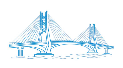 Fototapeta premium Modern Cable-Stayed Bridge Illustration, Blue Outline Drawing