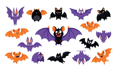 Obraz premium Halloween icon set cartoon bats in various colors and expressions