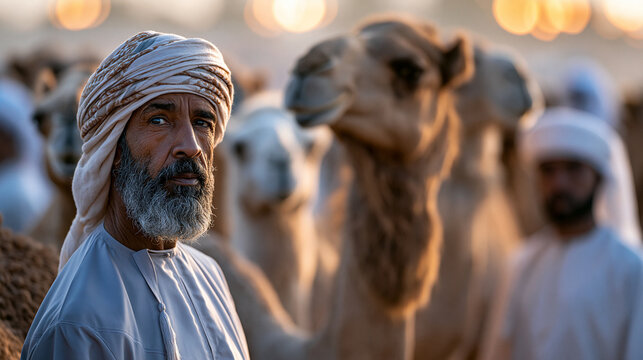 Ultra-realistic travel photograph of the traditional Camel Market in Al Ain, UAE, Arabian camels gathered in an authentic open-air livestock market, Emirati traders wearing traditi