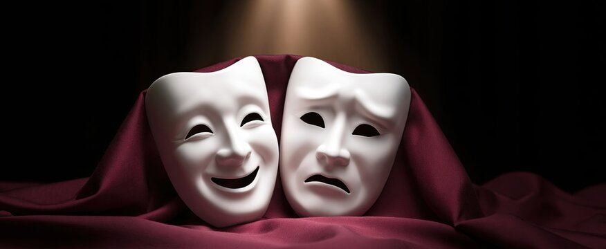 Classic comedy and tragedy masks arranged on deep burgundy fabric, highlighted to evoke theatrical emotion and drama.