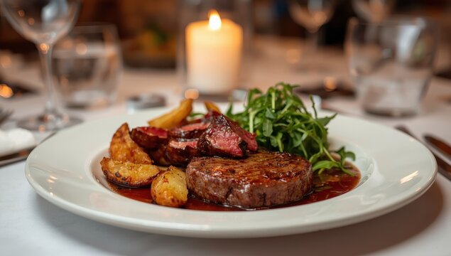 Beef with seared duck liver accompanied by potato wedges and arugula.