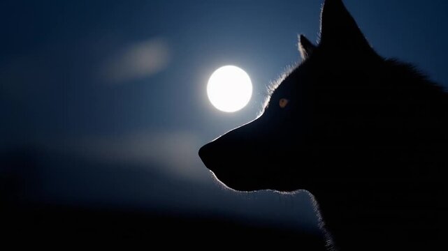 A silhouetted wolf with a bright moon in the background, showing a striking nighttime scene