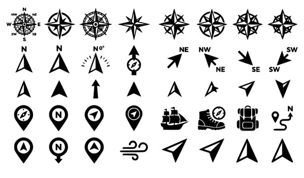 Navigation compass and north arrow black vector icon pack