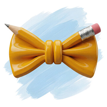 Realistic Wooden Pencil Bow Tie with Blue Paint Brush Stroke Background, Back to School Education Clipart, Transparent PNG Isolated Design
