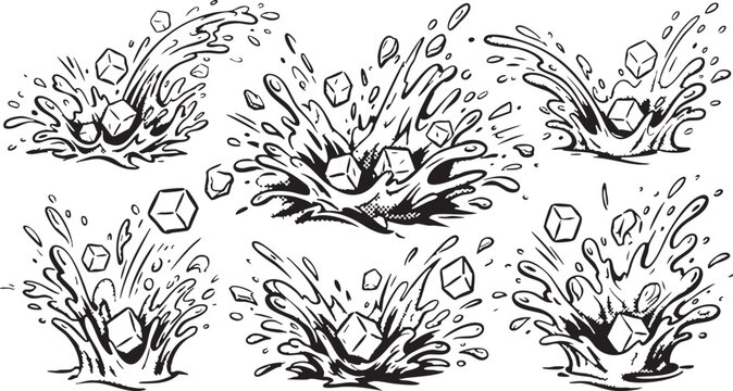 Splashes of water with ice cubes vector graphic illustration set, ice splash design elements, water splashing vector graphics, ice cubes in water illustration