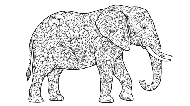 Intricate mandala elephant vector illustration, ornate floral patterned wild animal silhouette, black and white zentangle coloring page for adults