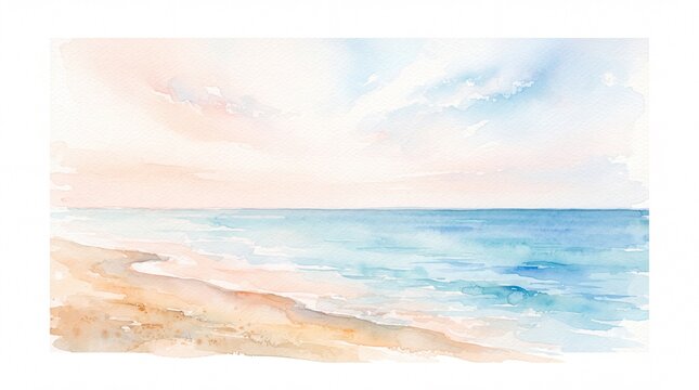 Serene watercolor beach illustration, tranquil ocean waves gently lapping a sandy shore, peaceful coastal landscape, soft pastel sky, idyllic seaside background for travel and relaxation themes.