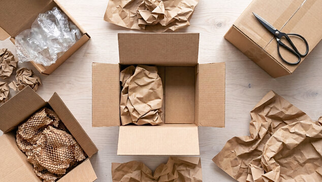 Top view of open cardboard boxes with kraft paper, honeycomb wrap and plastic air cushions on a wooden table, packing materials for parcel shipping, concept of sustainable packaging and reducing plast