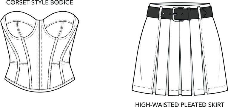 Fashion technical sketch of corset style bodice and high waisted pleated skirt with belt
