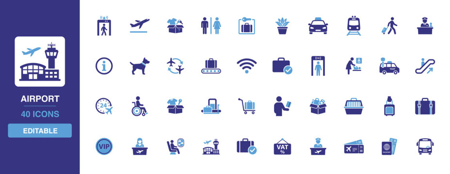 Airport icon set featuring travel terminal services, flight departures, baggage handling, customs security checks and passenger assistance glyph symbols for tourism maps.