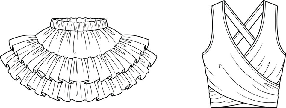 Fashion technical sketch of women tiered ruffle tutu skirt and crossover wrap crop top vector illustration