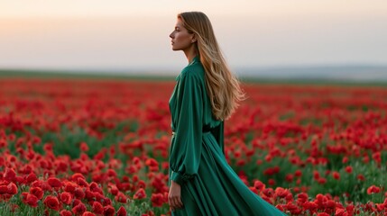 Fototapeta premium Woman in flowing green dress walking through a vast red poppy field at sunset for editorial banner and wallpaper design
