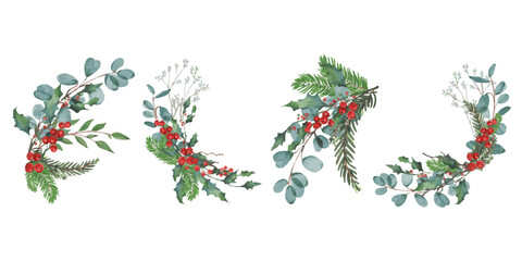 set of christmas wreath berry vintage on white background This hand-painted illustration features Christmas decorations, pine branches, and red berries in a winter  © 7nov.studio