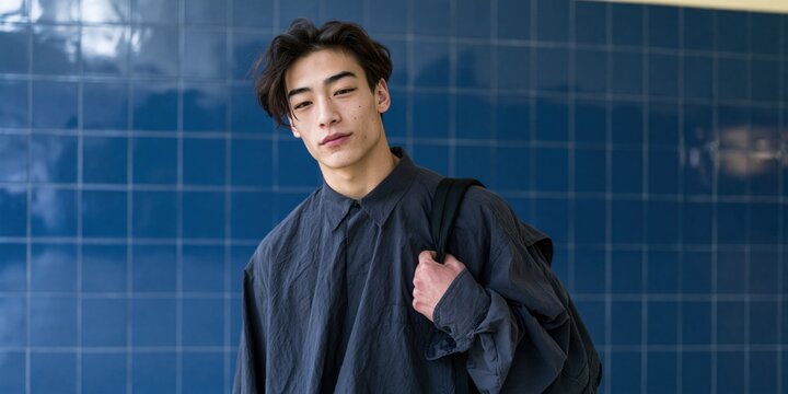 Young male model wearing dark shirt and backpack against blue tiled wall for fashion background and editorial layout