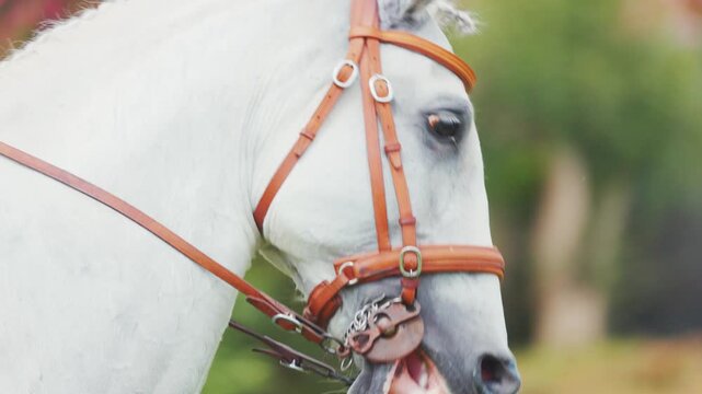 Lusitano horse with rider in gray attire, showcasing detailed close-ups of the horse's head and bridle against a blurred floral background in a lush outdoor setting