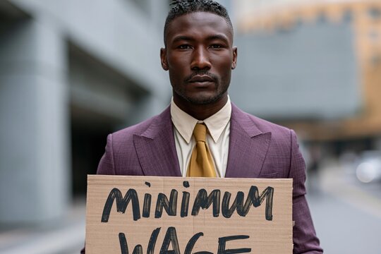 Formal portrait of a man holding a minimum wage sign in a city street for campaign poster and advocacy banner background for labor rights