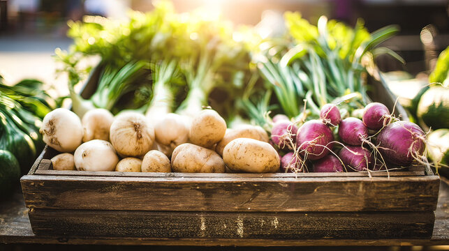 crate. Fresh vegetables neatly arranged in a rustic wooden crate with natural sunlight. menu design, packaging mockups, designed for food delivery and cloud-kitchen brand materials.
