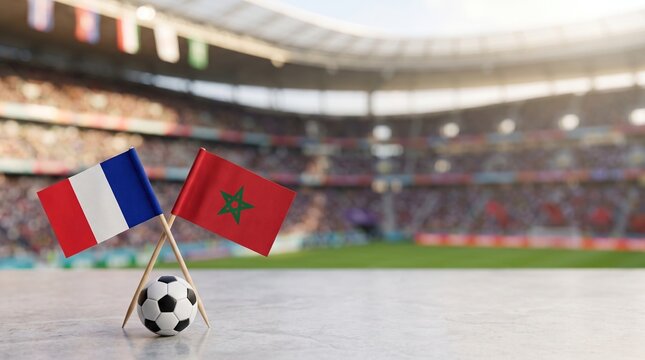 Crossed France and Morocco flags with small soccer ball on stone surface, blurred stadium background, international football match, sports competition.