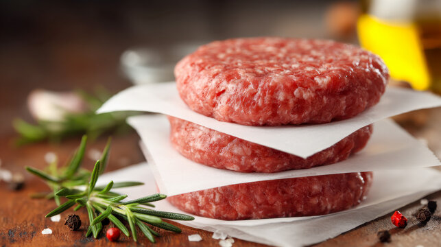 Three fresh uncooked beef patties stacked with parchment paper and garnished with rosemary and peppercorns on a wooden surface ready for grilling preparation