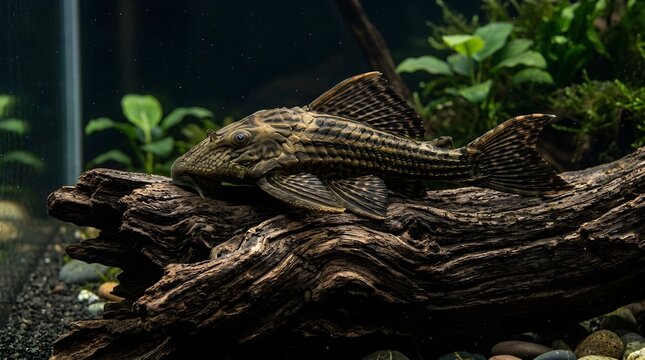 Plecostomus fish resting on driftwood in a lush planted aquarium