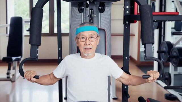 Active Senior Asian Man Training on Chest Fly Machine or Pec Deck Equipment inside a Gym
