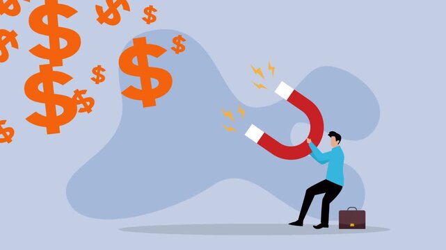 Businessman Using a Giant Horseshoe Magnet to Attract Wealth and Money cartoon animation