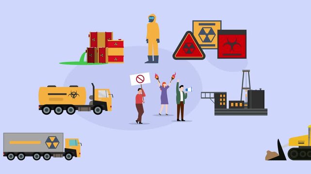 Isometric Environmental Activists Protesting Against Hazardous Toxic Waste Pollution cartoon animation
